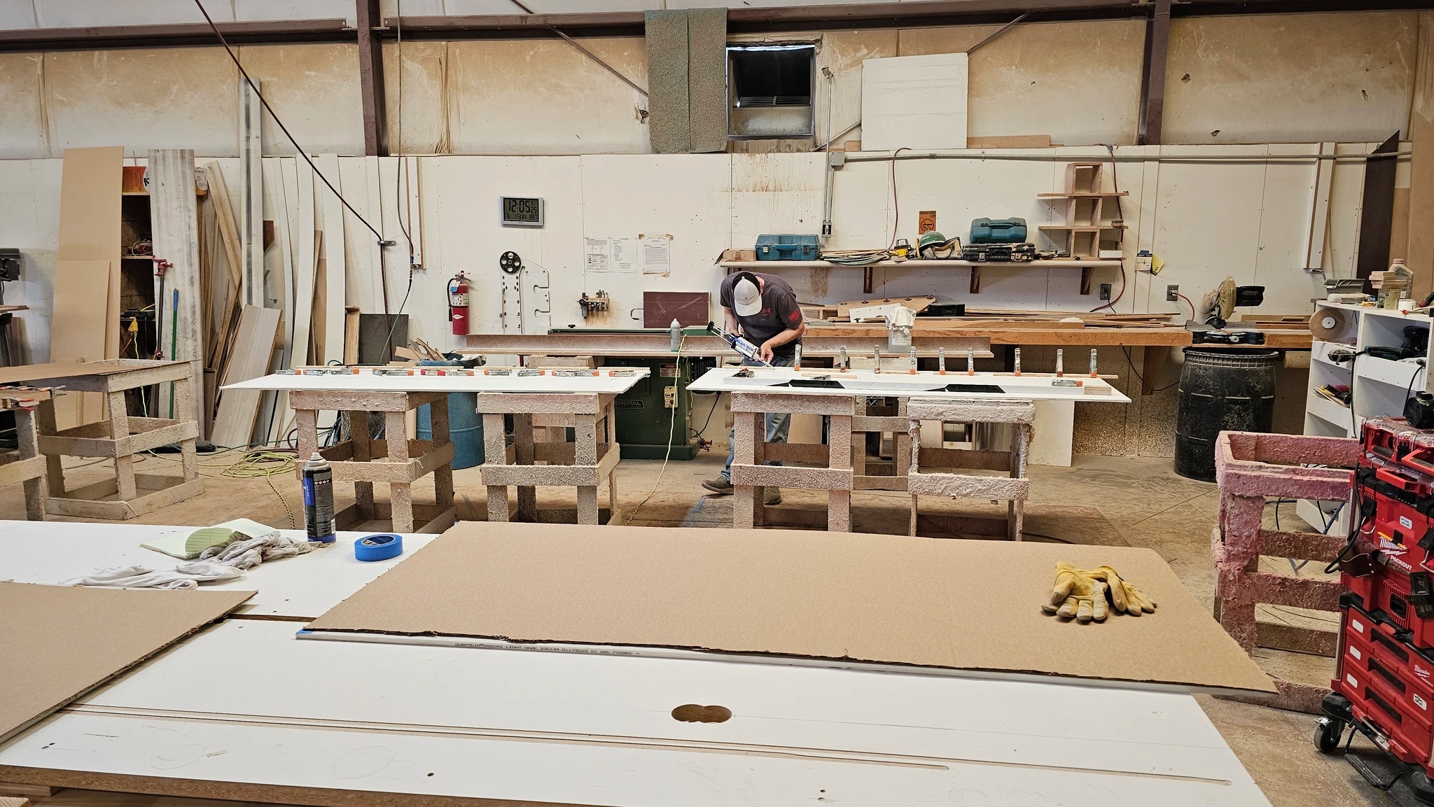 A workshop with woodworking tools and projects